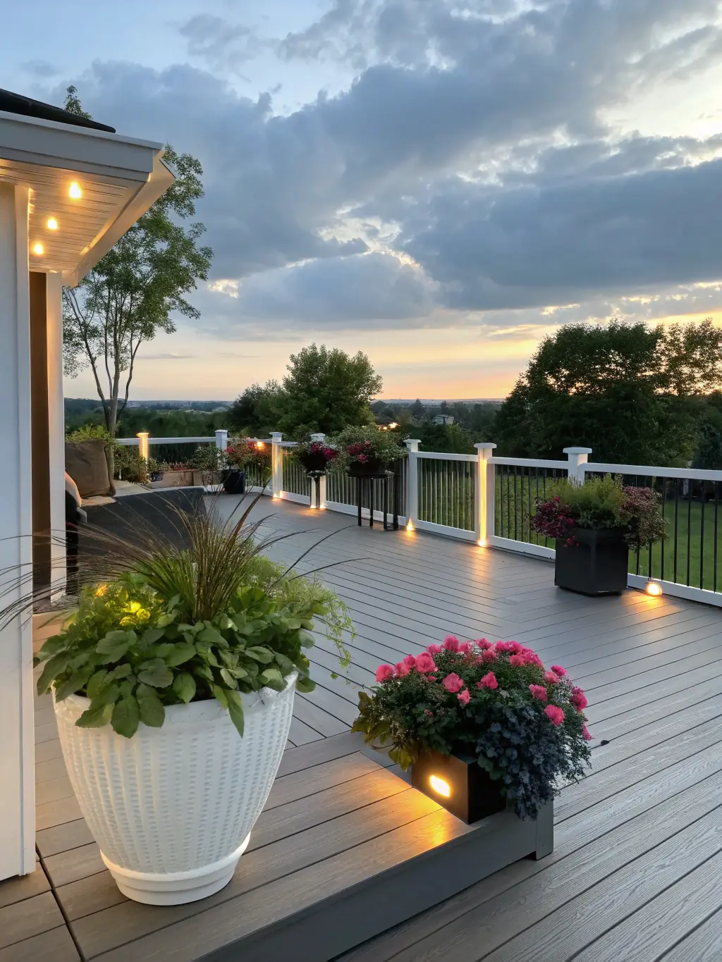 A well-lit deck and patio area with layered lighting, including recessed lights, string lights, and spotlights, creating a cozy and functional outdoor living space.