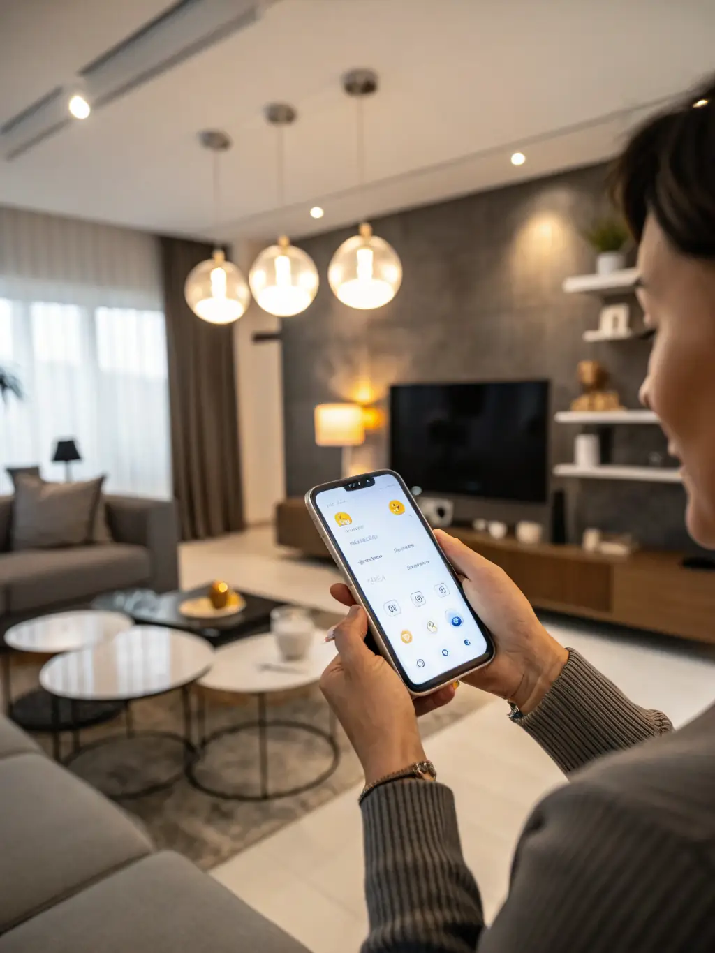 A smartphone displaying a smart lighting control app, showing the ability to adjust outdoor lighting settings remotely, with a beautifully lit home in the background.
