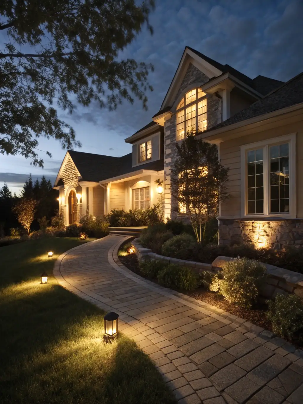 A modern home at dusk, showcasing professionally installed architectural uplighting that highlights the home's facade and landscaping, creating a warm and inviting ambiance.