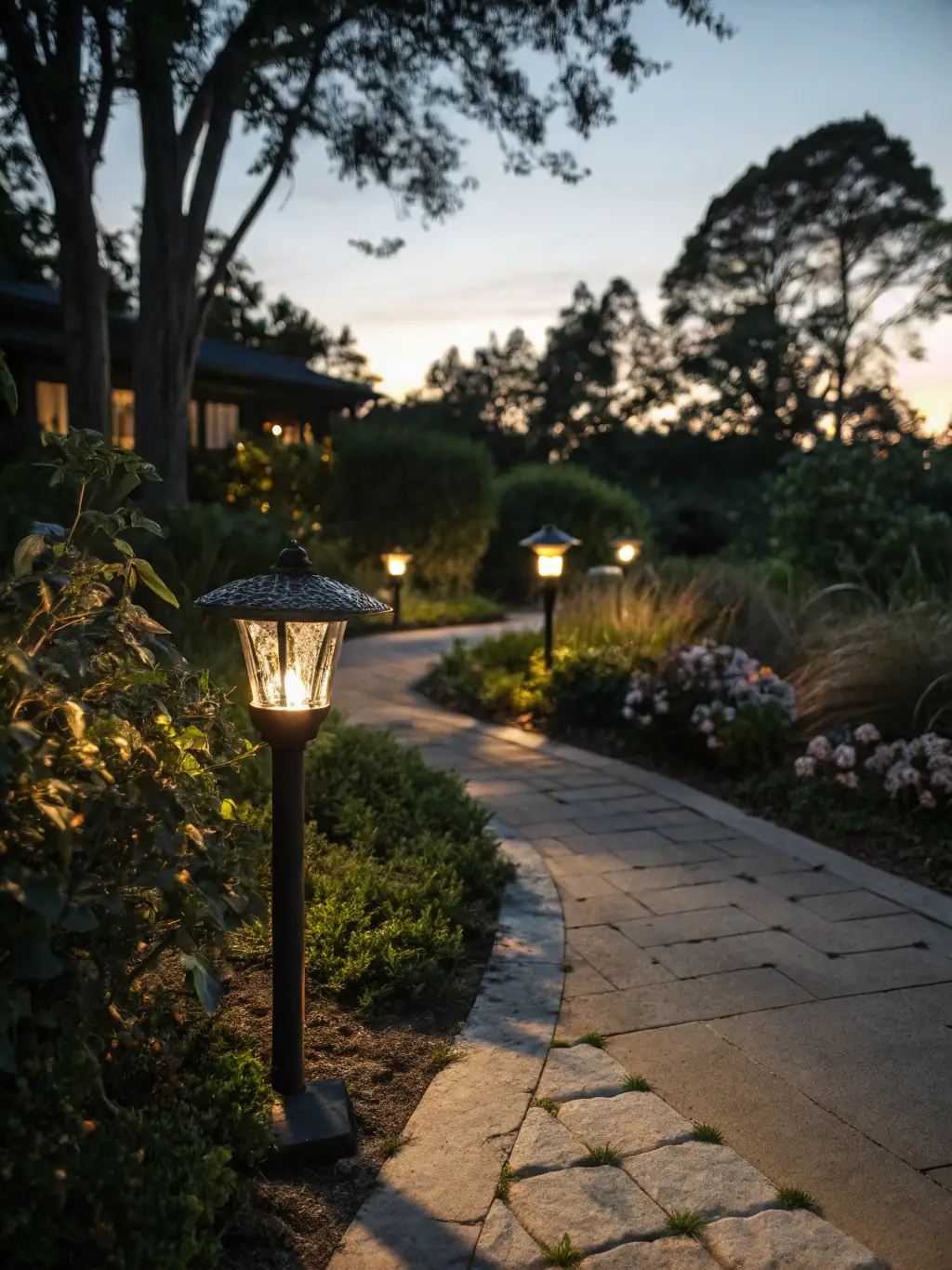 A winding garden path illuminated by subtle, energy-efficient landscape path lights, providing safety and enhancing the natural beauty of the surroundings.