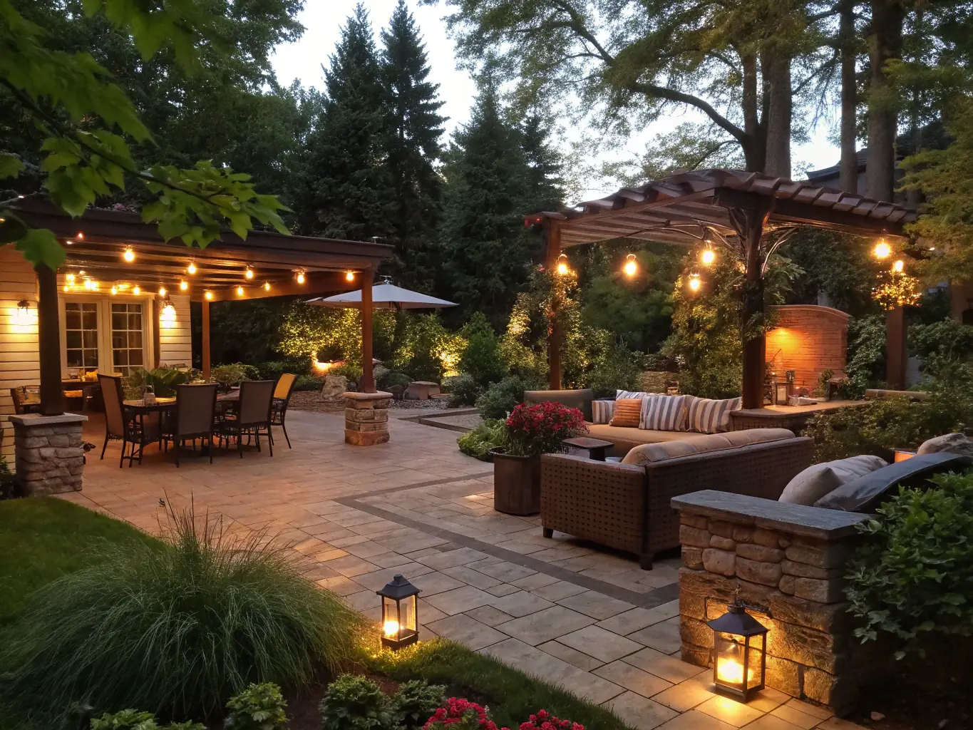 A cozy patio illuminated with string lights and deck lighting, perfect for outdoor entertaining and creating a relaxing atmosphere.