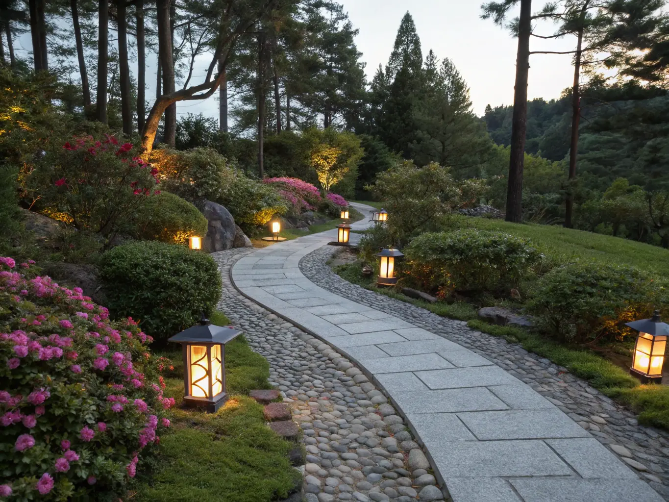 A garden pathway lined with elegant path lights, creating a welcoming and safe outdoor environment for evening strolls.